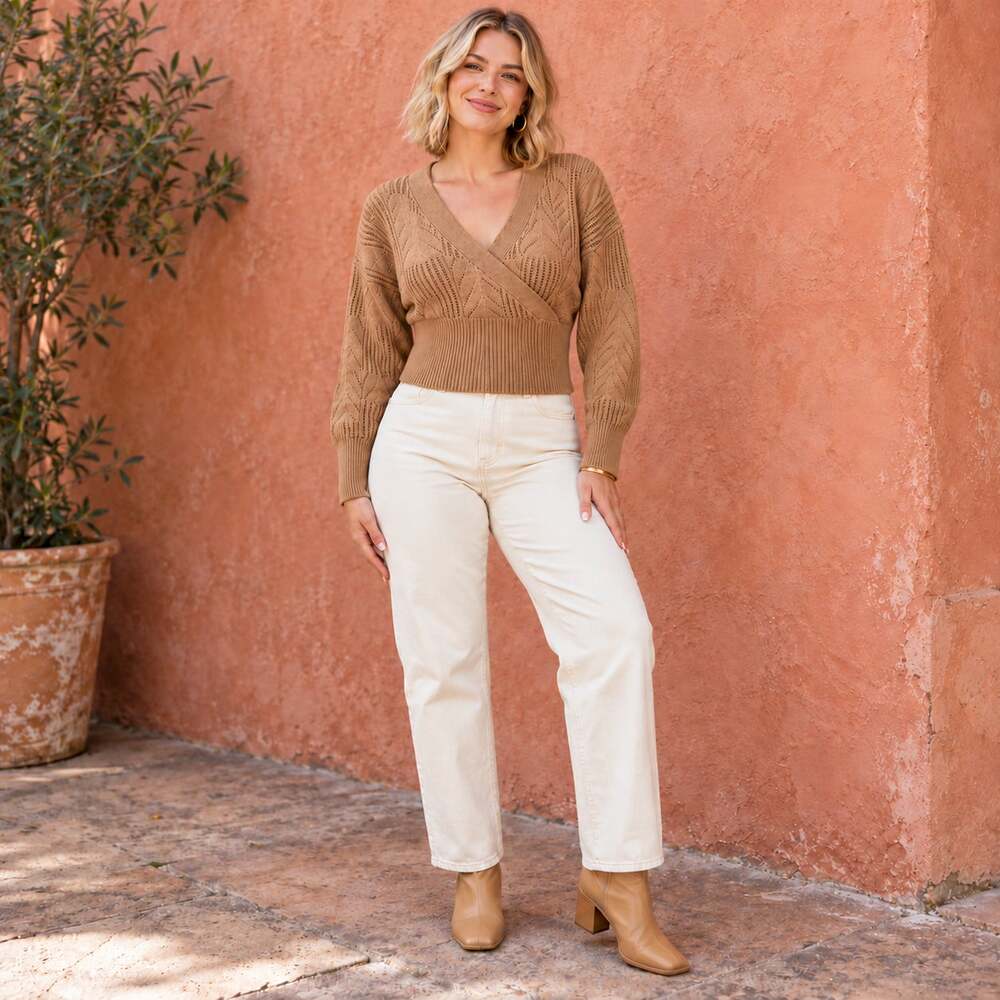 Pink Rose Sweater WMNS L Beige Surplice Openwork Knit Cropped V Neck Balletcore